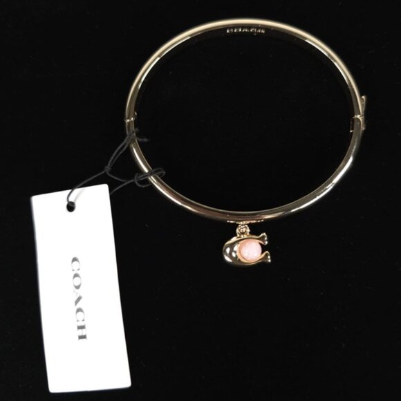 NWT COACH Women’s Goldtone C Charm w/ Rose Quartz Bangle Bracelet - Picture 9 of 14